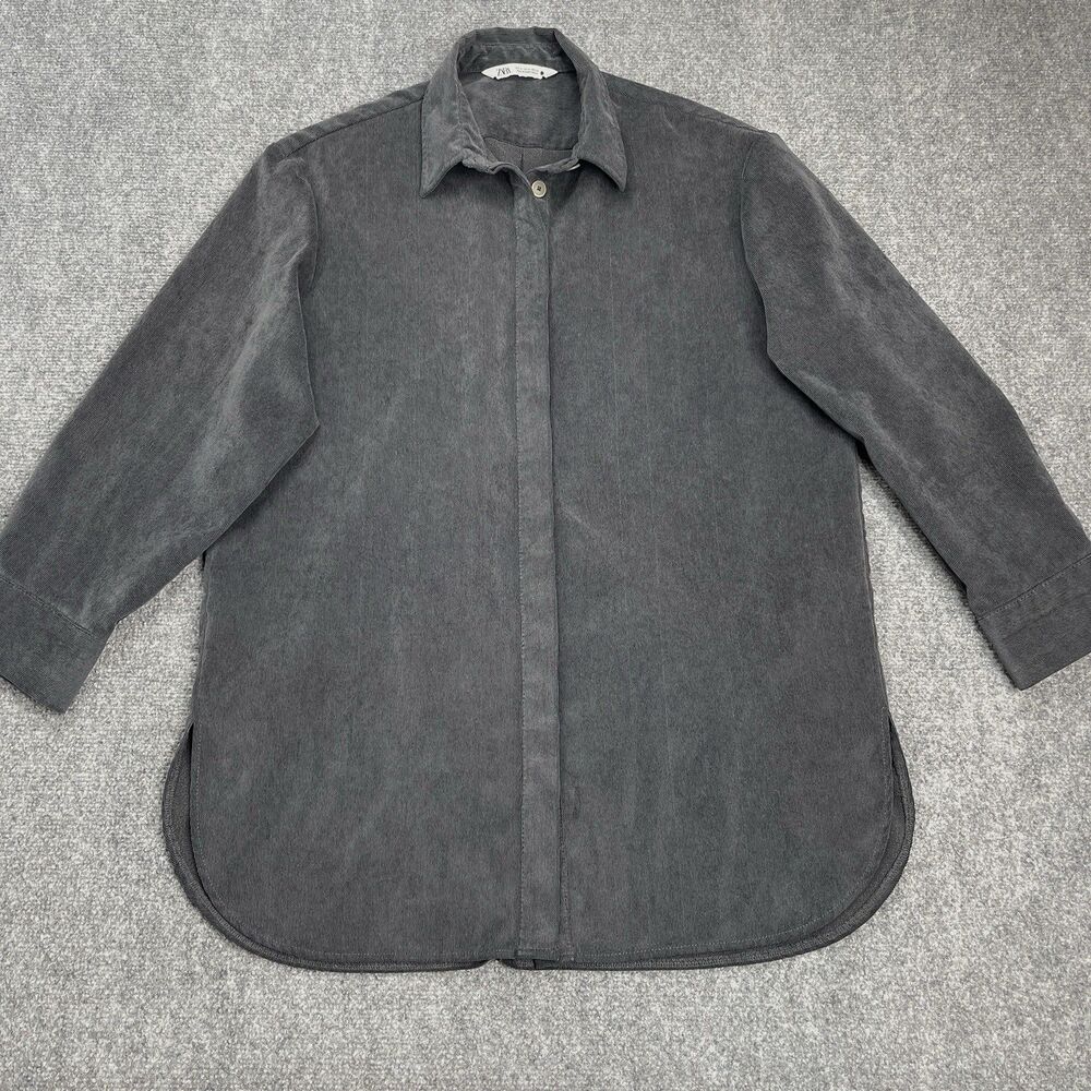 Zara Corduroy Tunic Top Womens Medium Oversized Hidden Button Front Dark Gray